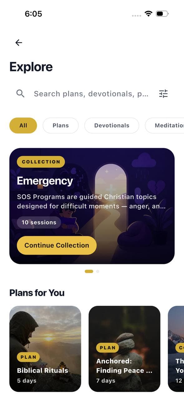 Kyrios Forge Explore screen with devotional collections and Bible reading plans